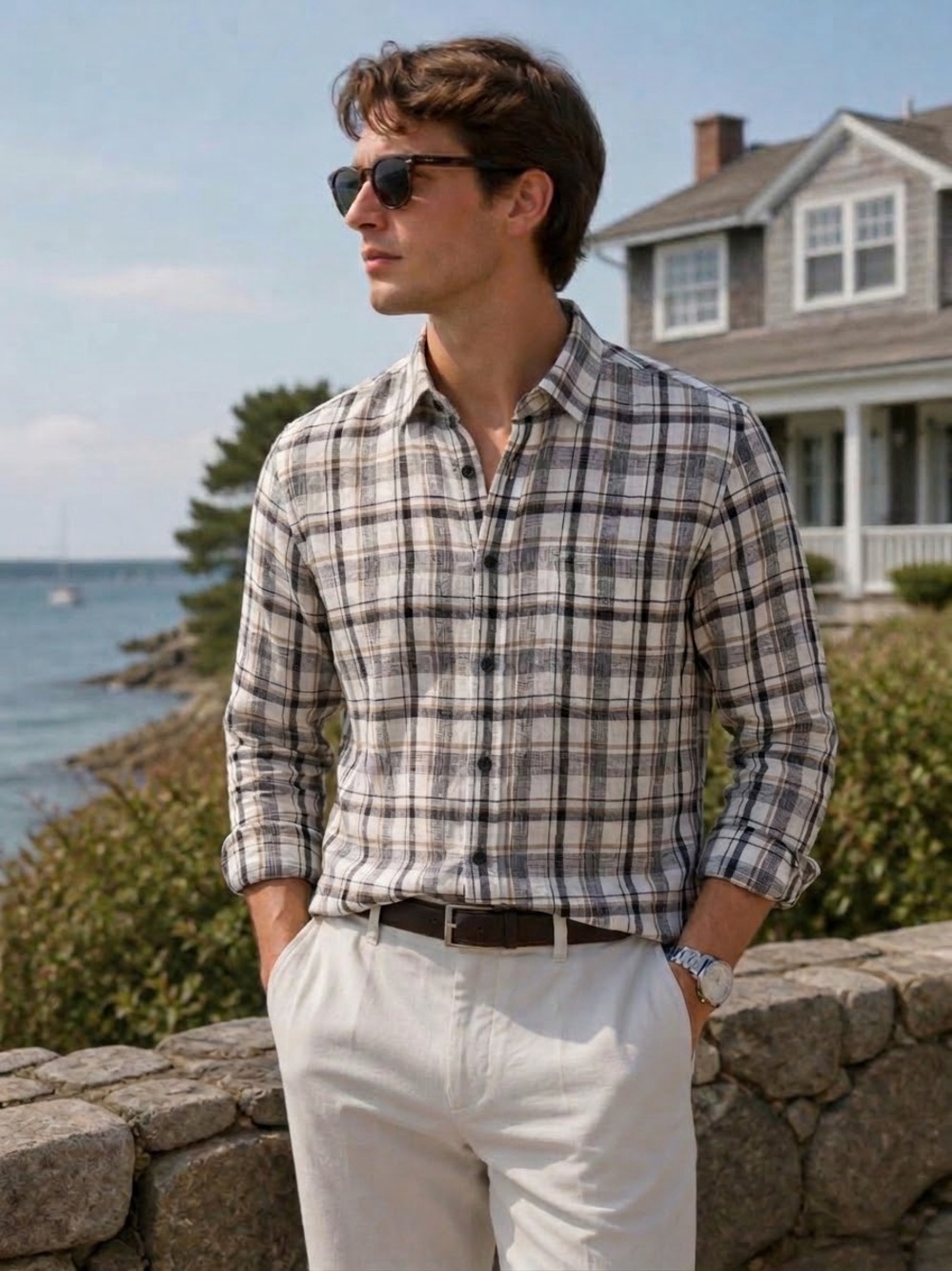 Simons Le 31 Plaid 100% Linen Modern Fit Long Sleeve Button Up Shirt Coastal, M